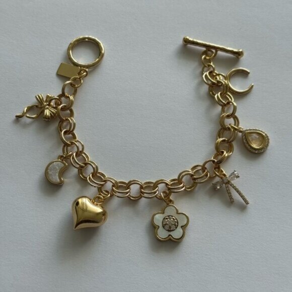 Luna Norte Toggle Brass 7 Charms Bracelet Gold Color W Mother of Pearl - Picture 2 of 10